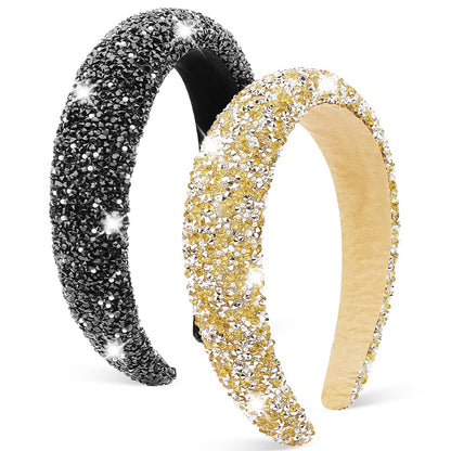 AHONEY 2 Pack Rhinestone Headbands – Padded Glitter Hair Accessories, Black & Gold