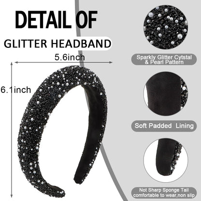 AHONEY 2 Pack Rhinestone Headband – Glitter Sequin Pearl Hair Accessories for Women & Girls (Black & Grey)