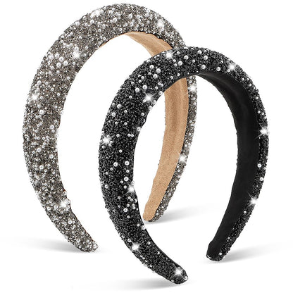 AHONEY 2 Pack Rhinestone Headband – Glitter Sequin Pearl Hair Accessories for Women & Girls (Black & Grey)