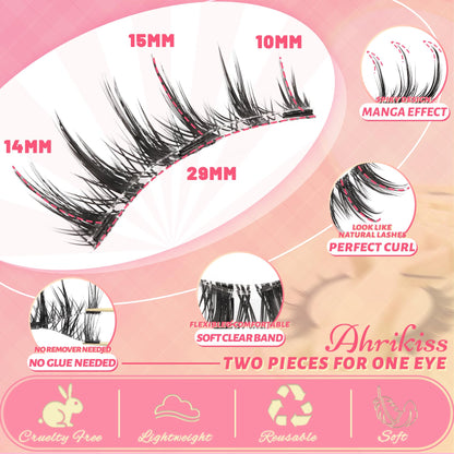 Ahrikiss Magnetic Eyelashes 1 Pair | Reusable Lash Kit with Applicator – No Glue Needed, Natural Manga Look (M01)