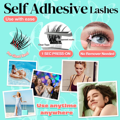 AILAISHI No Glue Needed Lashes – Self-Adhesive Lash Clusters Kit (10–18mm) with 120 Clusters & Pro Tweezers