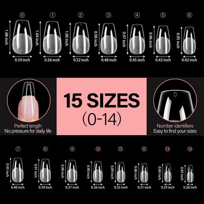 AILLSA Medium Coffin Nail Tips – Full Cover, Half Matte, 450pcs, 15 Sizes, DIY Nail Tips