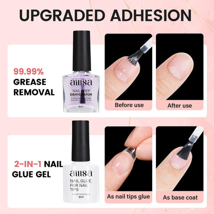 AILLSA Nail Extension Kit Short Almond Tips 240pcs – 2-in-1 Glue & Dehydrator, UV Lamp & Top Coat for Beginners