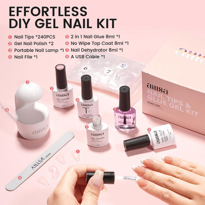 AILLSA Nail Extension Kit Short Almond Tips 240pcs – 2-in-1 Glue & Dehydrator, UV Lamp & Top Coat for Beginners