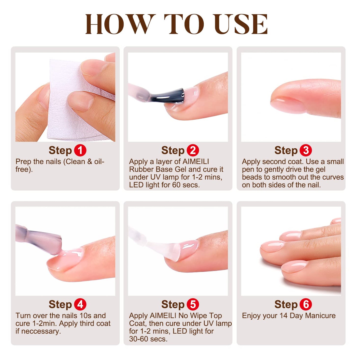 AIMEILI HEMA-FREE Rubber Base Gel Kit – 6x10ml, 4-in-1 Nail Gel for UV/LED Cures