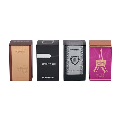 Al Haramain Fragrance Gift Set – 4×10ml Miniatures (Amber Oud Gold Edition, L'Aventure, Azlan Oud Charcoal Edition, Destino French Collection)