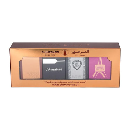 Al Haramain Fragrance Gift Set – 4×10ml Miniatures (Amber Oud Gold Edition, L'Aventure, Azlan Oud Charcoal Edition, Destino French Collection)