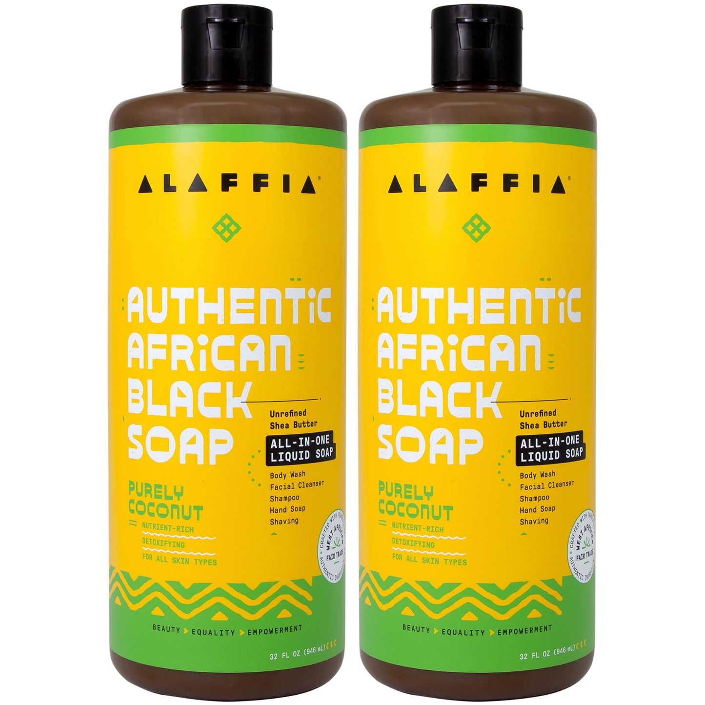 Alaffia Purely Coconut African Black Soap 2-Pack | All-In-One Liquid Soap for Body, Face, Hair, Shave - 32 oz Each