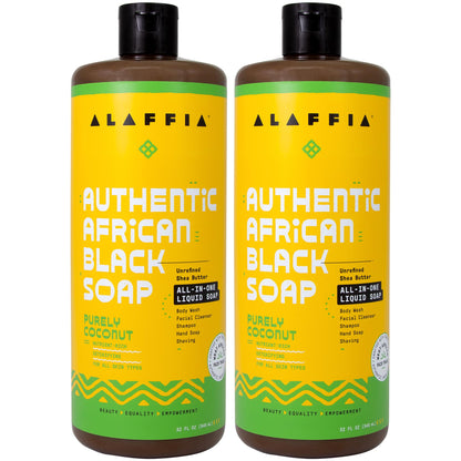 Alaffia Purely Coconut African Black Soap 2-Pack | All-In-One Liquid Soap for Body, Face, Hair, Shave - 32 oz Each