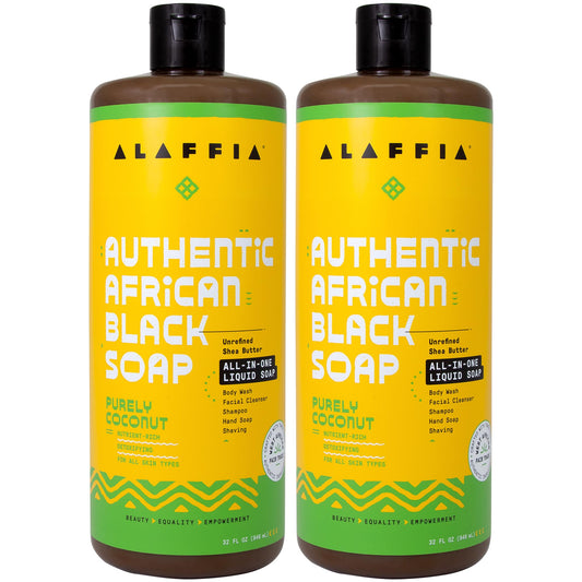 Alaffia Purely Coconut African Black Soap 2-Pack | All-In-One Liquid Soap for Body, Face, Hair, Shave - 32 oz Each