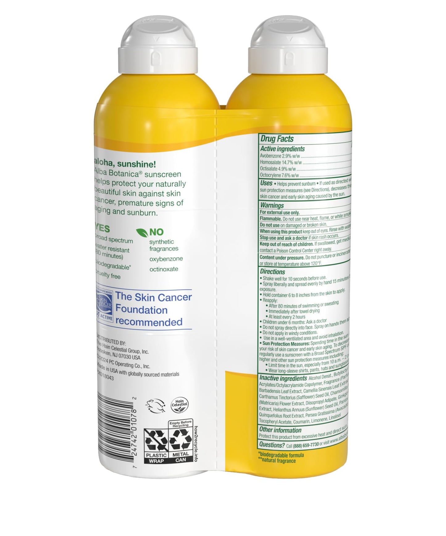 Alba Botanica Hawaiian Coconut Sunscreen Spray SPF 50, Water Resistant & Biodegradable (Pack of 2)