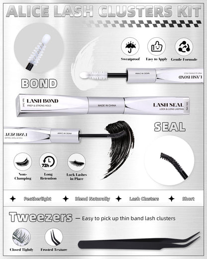 ALICE Flaunt Lash Clusters Kit – Natural Wispy Lash Extensions with Bond & Seal