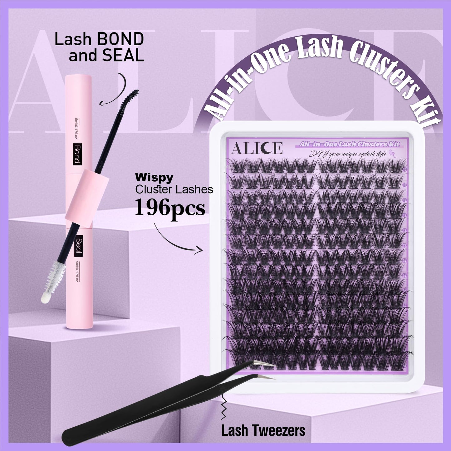 ALICE Cluster Eyelash Extension Kit - 196 Lash Clusters, 10-18mm Mix, Natural Wispy Look + Glue & Tweezers