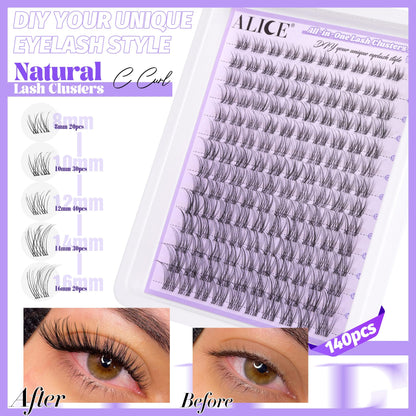 ALICE Lash Clusters Kit – Natural Wispy Extensions, 140pcs, 8-16mm