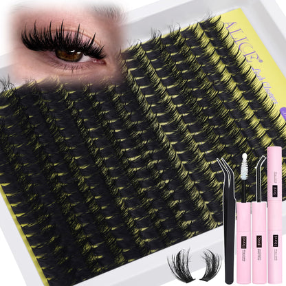 ALICE Wispy Lash Clusters Kit 100D – D-Curl Manga Lashes, Glue, Tweezers, 228pcs
