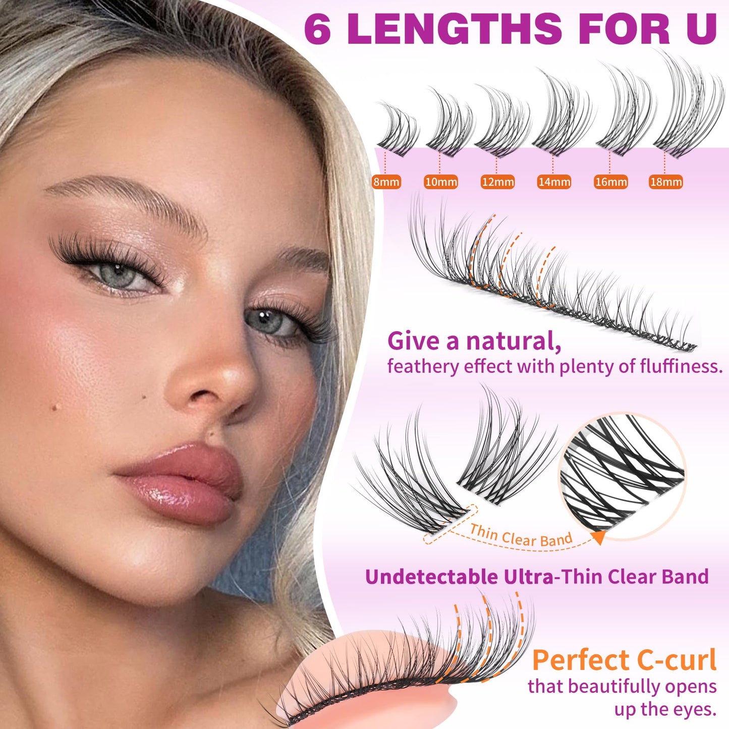 ALICROWN HAIR Natural Lash Clusters Kit – Wispy Lashes with Invisible Band, DIY Bond & Seal, 8mm–18mm