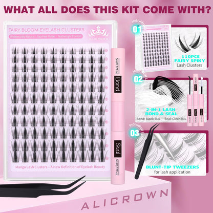ALICROWN HAIR Manga Lash Clusters Kit – 110 Pcs, 6 Lengths, DIY Bond & Seal