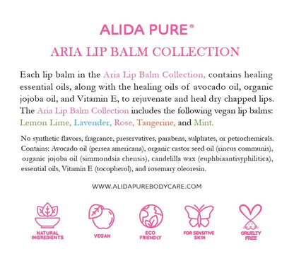 ALIDA PURE Aria Lip Balm Collection – Vegan, Beeswax-Free, Organic Oils (5 Tubes)