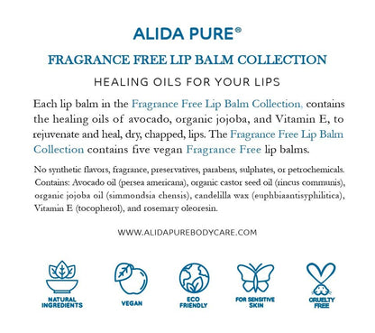 ALIDA PURE Fragrance Free Lip Balm Set – 5 Vegan Tubes, Beeswax Free, Jojoba & Avocado Oils
