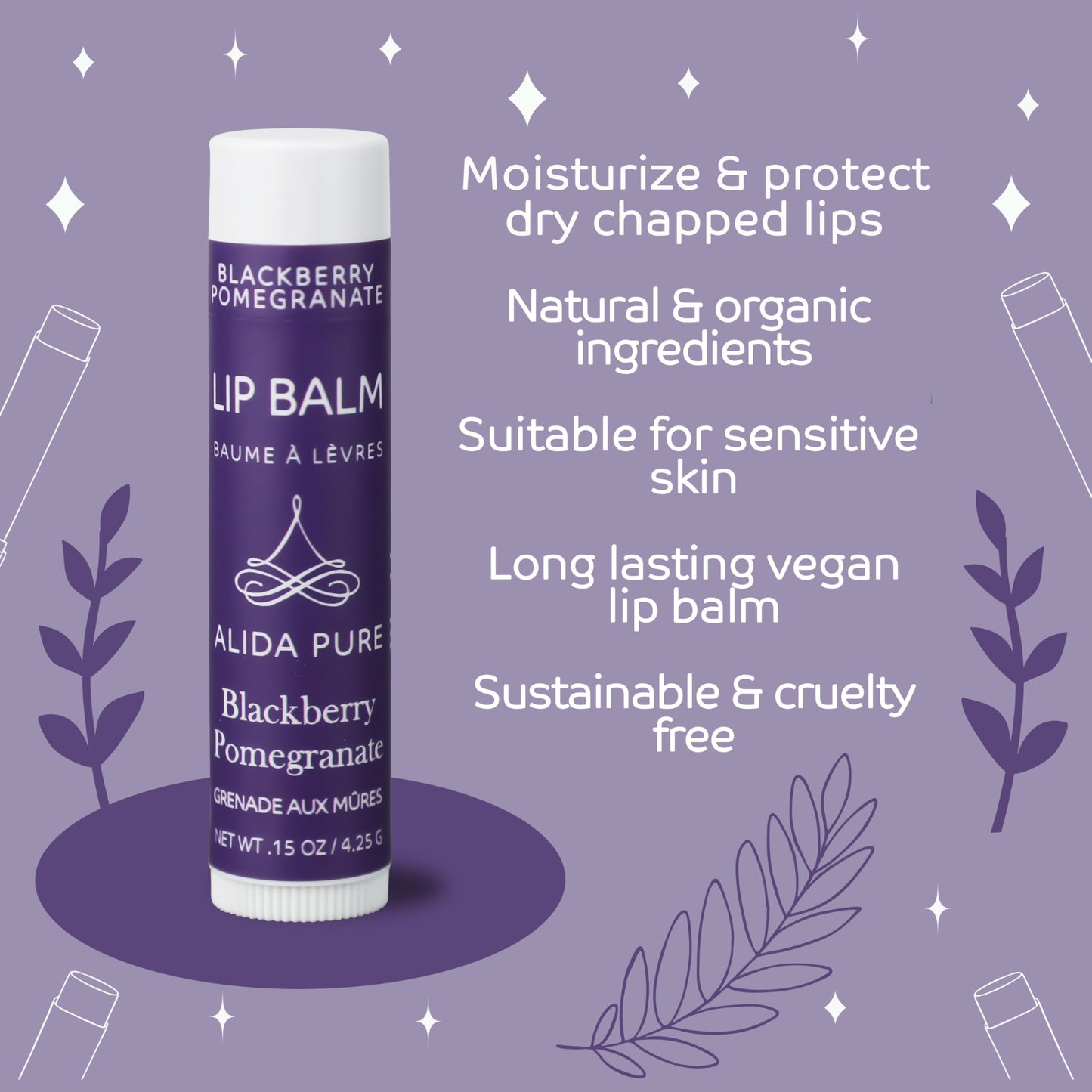 ALIDA PURE Blackberry Pomegranate Lip Balm Collection - Vegan, Beeswax-Free, 3-Tube Set