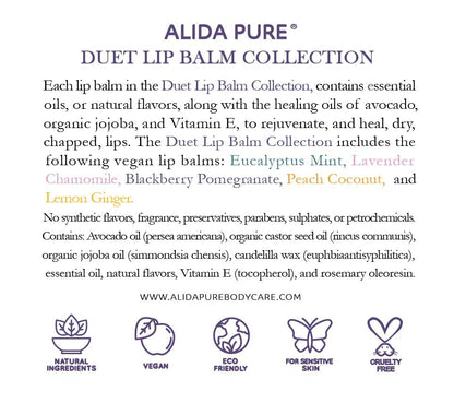 ALIDA PURE Duet Lip Balm Collection – Vegan, Beeswax-Free, Jojoba & Avocado Oil (5 Tube Set)