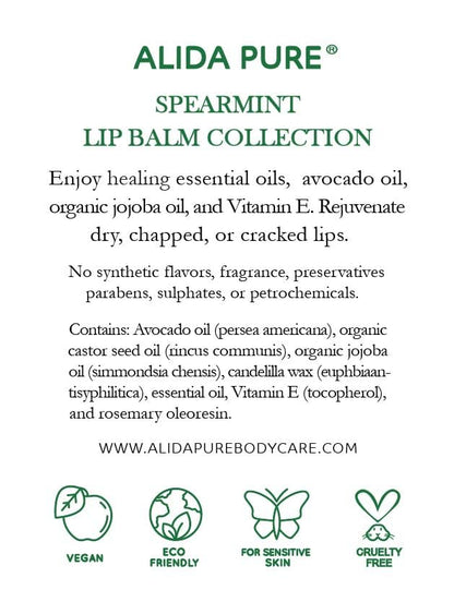 ALIDA PURE Spearmint Lip Balm Collection – Vegan, Beeswax-Free, 3-Tube Set with Organic Jojoba & Avocado Oils