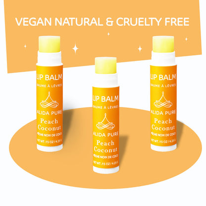 ALIDA PURE Peach Coconut Lip Balm Collection – Vegan, Beeswax Free, 3 Tubes