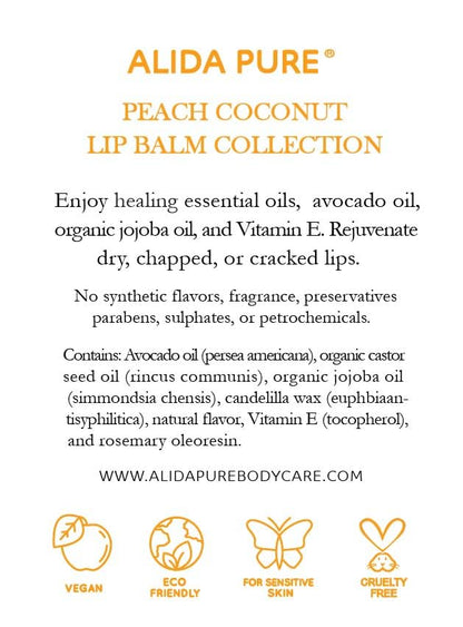 ALIDA PURE Peach Coconut Lip Balm Collection – Vegan, Beeswax Free, 3 Tubes