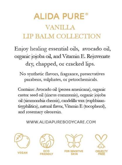 ALIDA PURE Vanilla Lip Balm Collection — Vegan, Beeswax Free, Jojoba & Avocado Oils