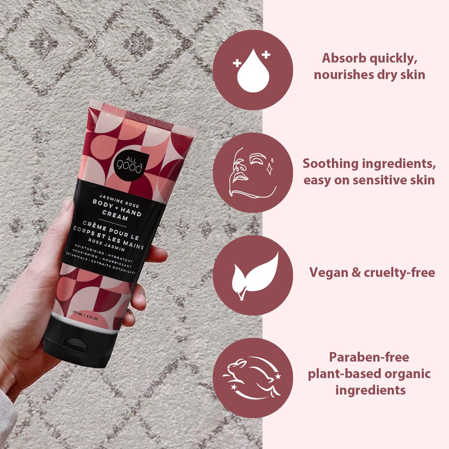 All Good Hand & Body Lotion – Organic Jasmine Rose Moisturizer, Non-Greasy, 6 fl oz