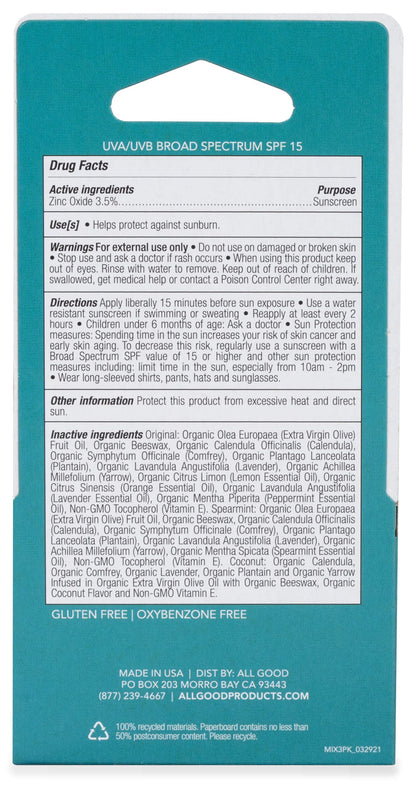 All Good Organic SPF15 Lip Balm – Hydrating Lip Care with Olive Oil, Calendula & Vitamin E (6-Pack) – Original, Spearmint & Coconut