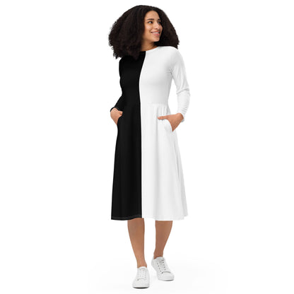 Half Black Half White - Womens Long Sleeve Midi Dress