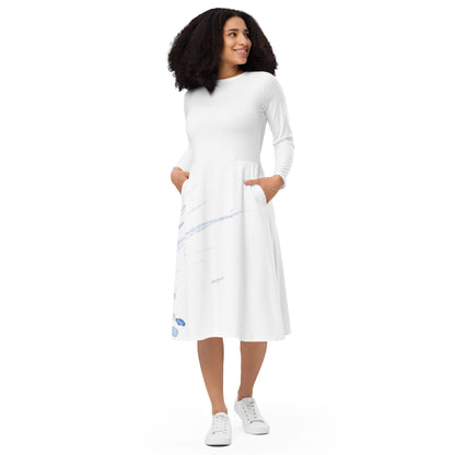 Watercolour Blue Splash - Womens Long Sleeve Midi Dress