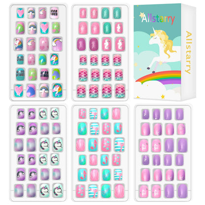 Allstarry Kids Press-On Nails 120pcs – Glitter Gradient Mermaid & Unicorn 5-Pack