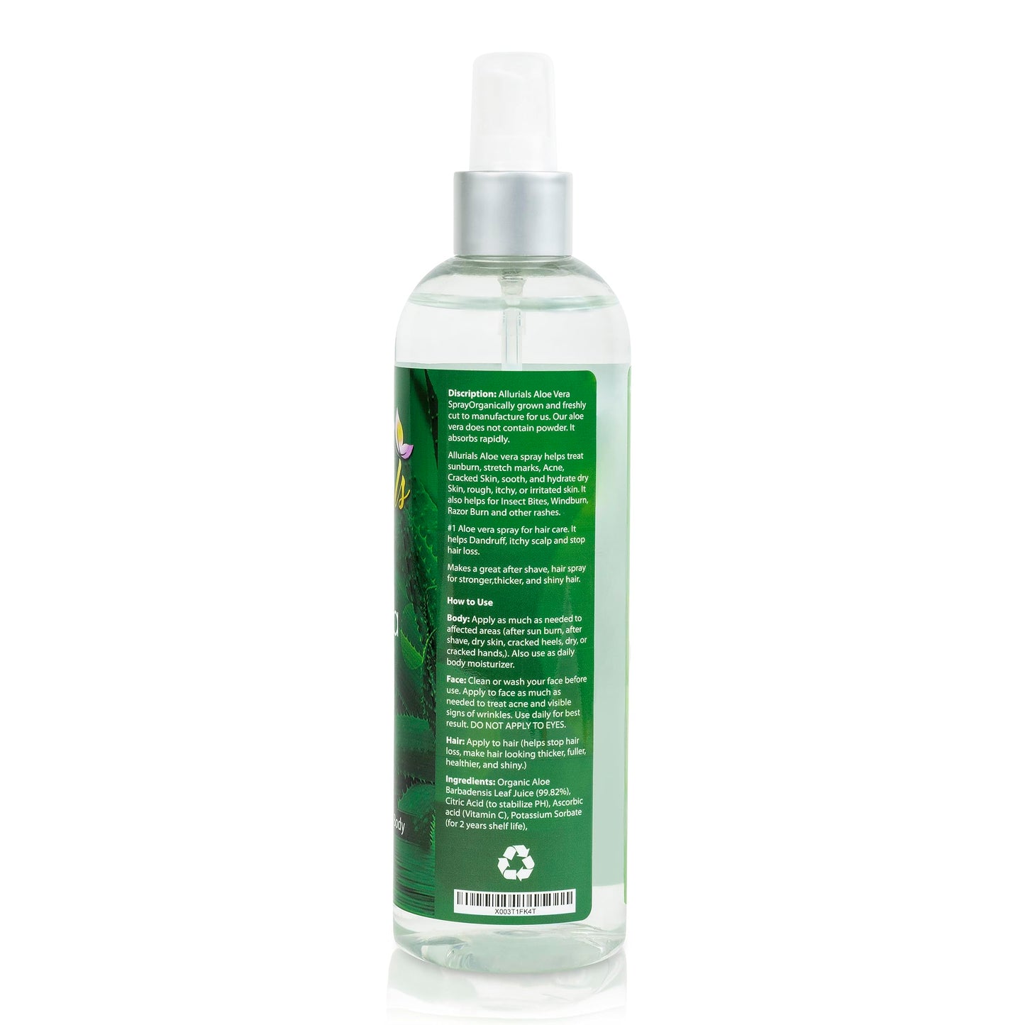 Allurials 99.75% Pure Organic Aloe Vera Spray – Clinically Tested, Dermatologist Approved (12 oz)