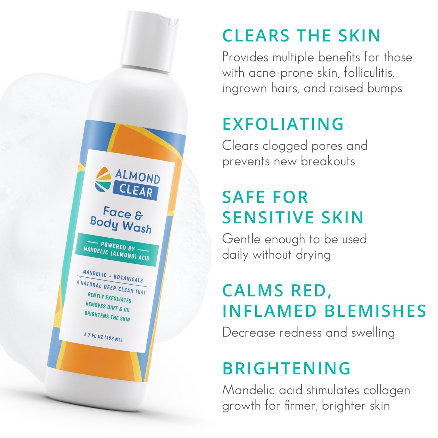 Almond Clear Face & Body Wash – Gentle Mandelic Acid Cleanser for Acne & Folliculitis, 17.25 oz
