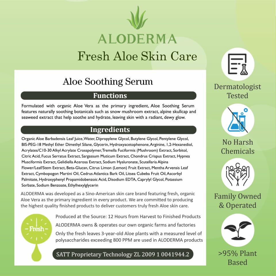 Aloderma Soothing Face Serum — 65% Organic Aloe Vera, Beta-Glucan & Arginine