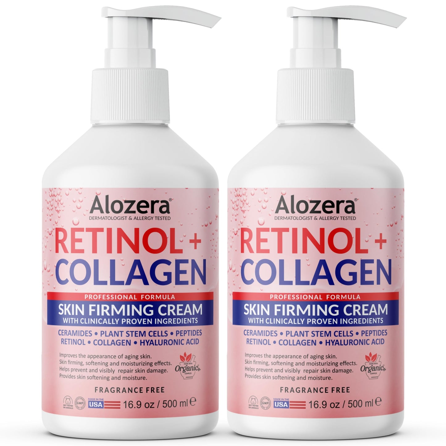 Alozera Skin Firming Retinol Collagen Body Lotion with Stem Cells – 2-Pack (Fragrance-Free)