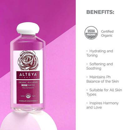 Alteya Organics Rose Water Toner 17oz | USDA Organic Bulgarian Rosa Damascena Hydrosol