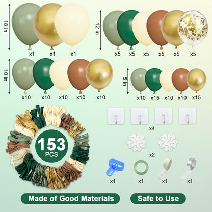 Amandir 153pcs Safari Balloon Arch Kit – Sage Green, Ivory & Metallic Gold