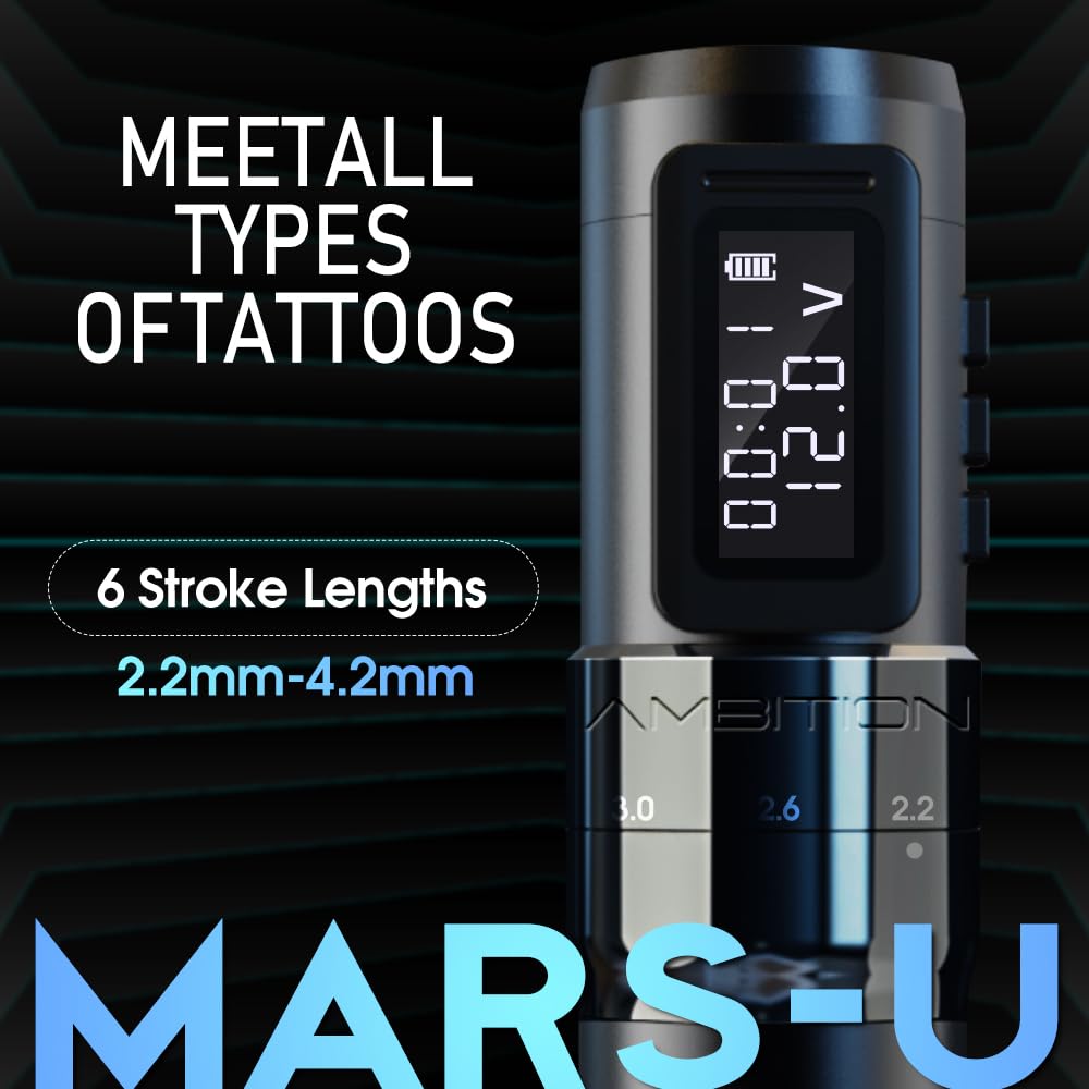 Ambition Mars-U Wireless Tattoo Machine Kit — Adjustable Stroke, 1800mAh Battery, 40 Cartridges
