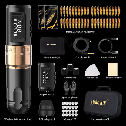 Ambition Mars-U Wireless Tattoo Machine Kit — Adjustable Stroke, 1800mAh Battery, 40 Cartridges
