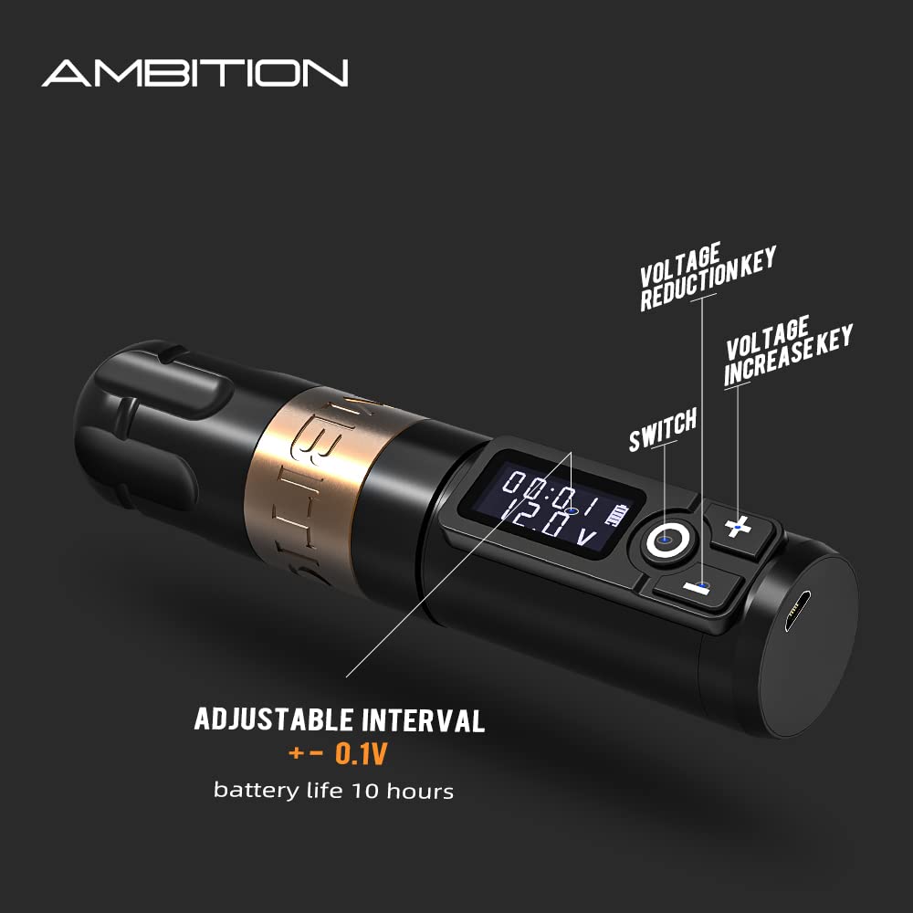 Ambition Soldier Rotary Battery Pen Tattoo Machine – 2400mAh Wireless Power, Japan Coreless Motor, LED Display