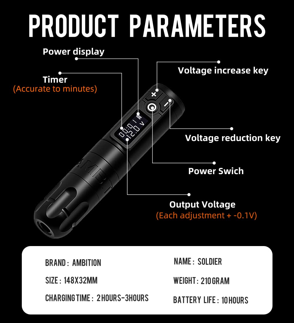 Ambition Soldier Rotary Battery Pen Tattoo Machine – 2400mAh Wireless Power, Coreless Motor
