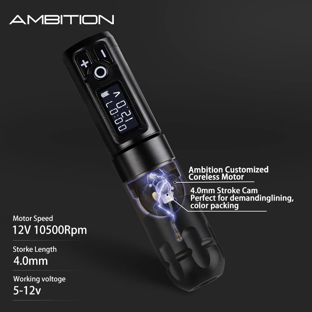 Ambition Soldier Rotary Battery Pen Tattoo Machine with 2400mAh Power, Japan Coreless Motor, Digital LED Display