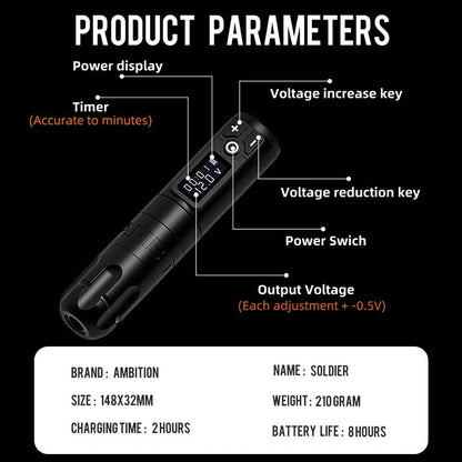 Ambition Soldier Rotary Battery Pen — 2400mAh Wireless Tattoo Machine with Japan Coreless Motor