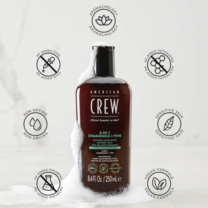 AMERICAN CREW 3-in-1 Chamomile & Pine: Shampoo, Conditioner & Body Wash for Men – Calming Fragrance, 33.8 fl oz