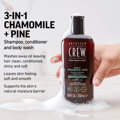 AMERICAN CREW 3-in-1 Chamomile & Pine: Shampoo, Conditioner & Body Wash for Men – Calming Fragrance, 33.8 fl oz
