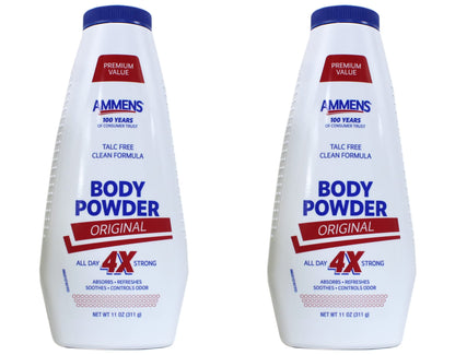 Ammens Body Powder Original – Talc-Free Clean Formula, 11 oz, Pack of 2 | All-Day 4X Protection