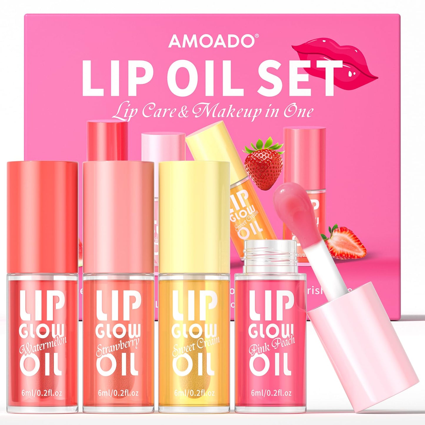 AMOADO Lip Oil Gift Set – Hydrating, Non-Sticky Glossy Tint in 4 Fruity Shades